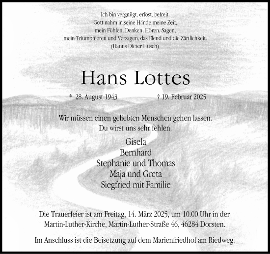 Traueranzeige von Hans Lottes von Ruhr Nachrichten und Dorstener Zeitung