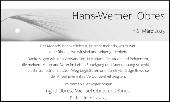 Traueranzeige von Hans-Werner Obres von Trauer Vest