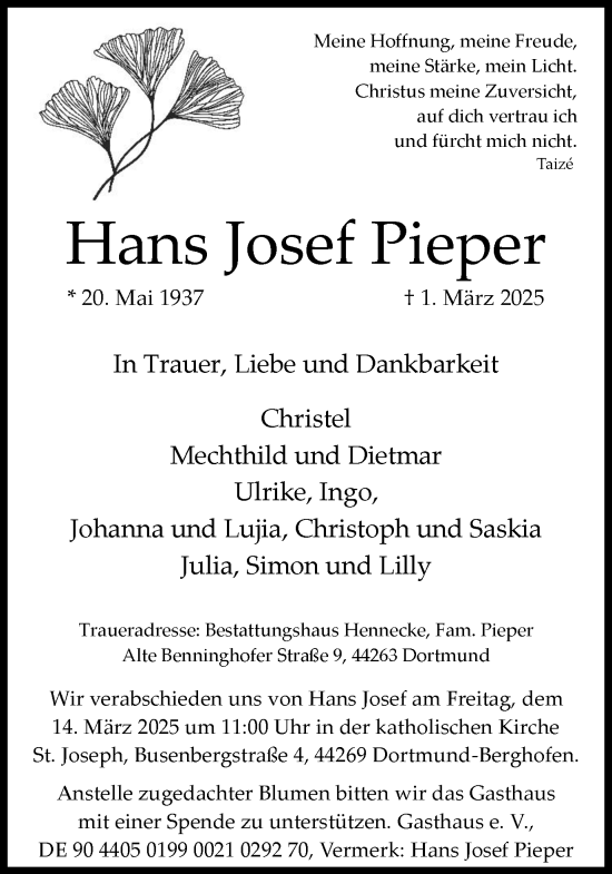 Traueranzeige von Hans Josef Pieper von Ruhr Nachrichten