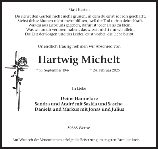 Traueranzeige von Hartwig Michelt von Ruhr Nachrichten