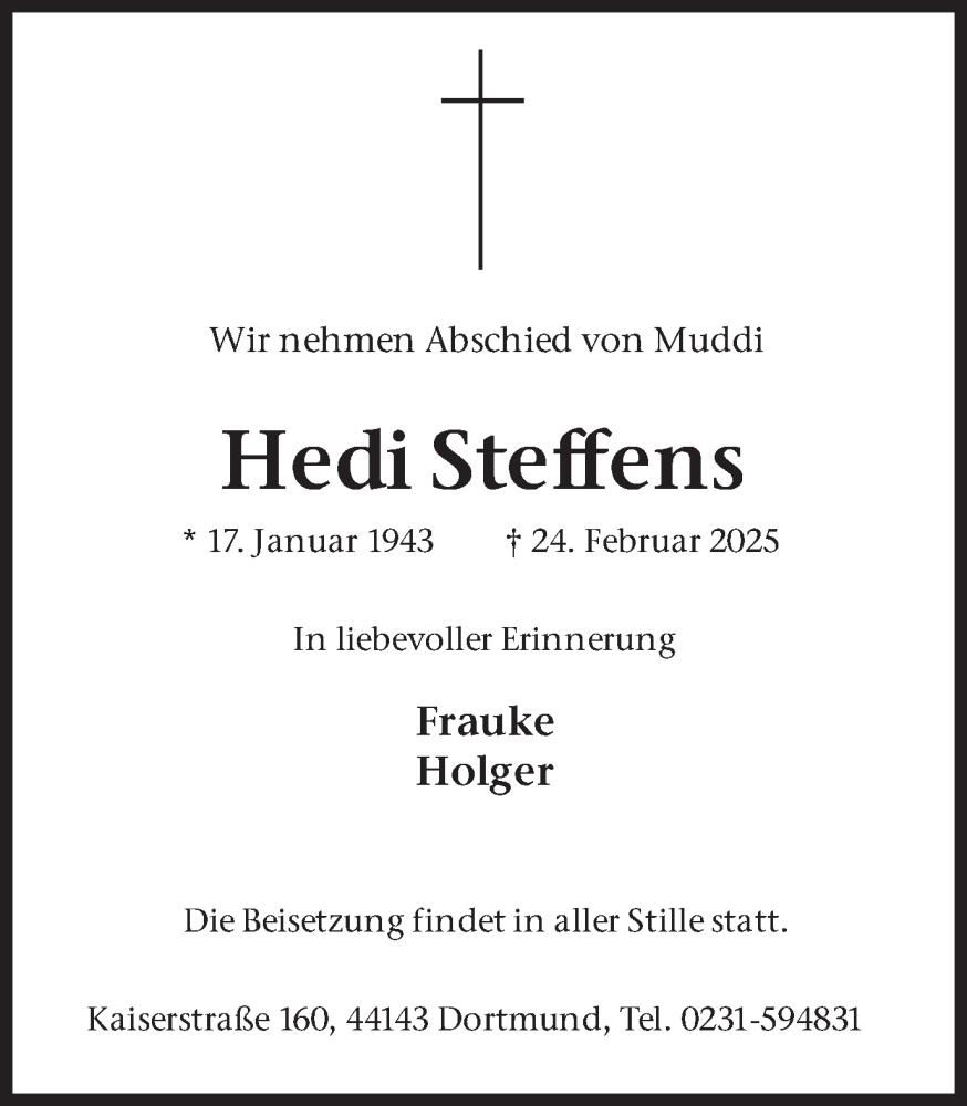  Traueranzeige für Hedi Steffens vom 01.03.2025 aus Ruhr Nachrichten