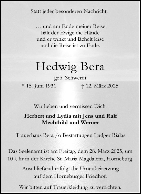 Traueranzeige von Hedwig Bera von Trauer Vest