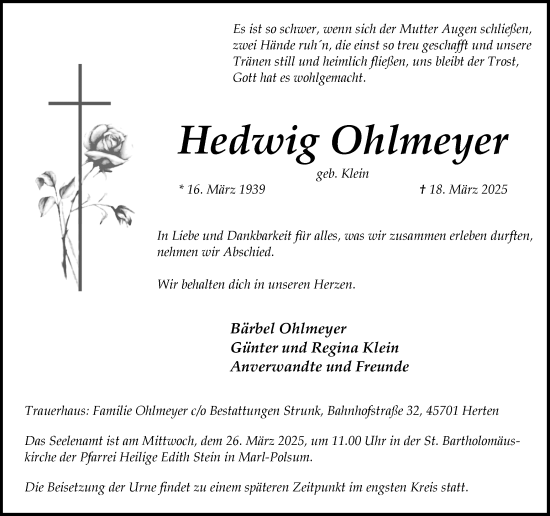 Traueranzeige von Hedwig Ohlmeyer von Trauer Vest