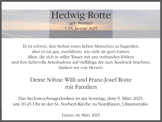 Traueranzeige von Hedwig Rotte von Ruhr Nachrichten