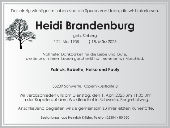 Traueranzeige von Heidi Brandenburg von Ruhr Nachrichten