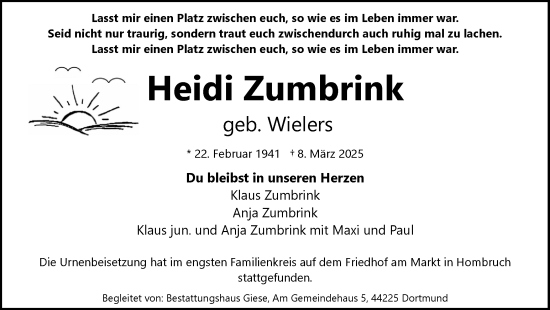 Traueranzeige von Heidi Zumbrink von Ruhr Nachrichten