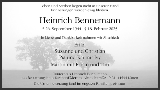 Traueranzeige von Heinrich Bennemann von Ruhr Nachrichten