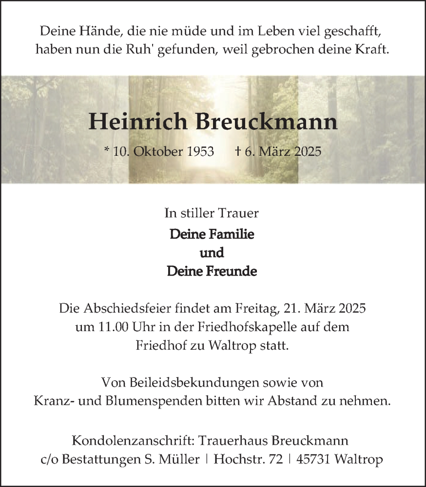  Traueranzeige für Heinrich Breuckmann vom 19.03.2025 aus Trauer Vest