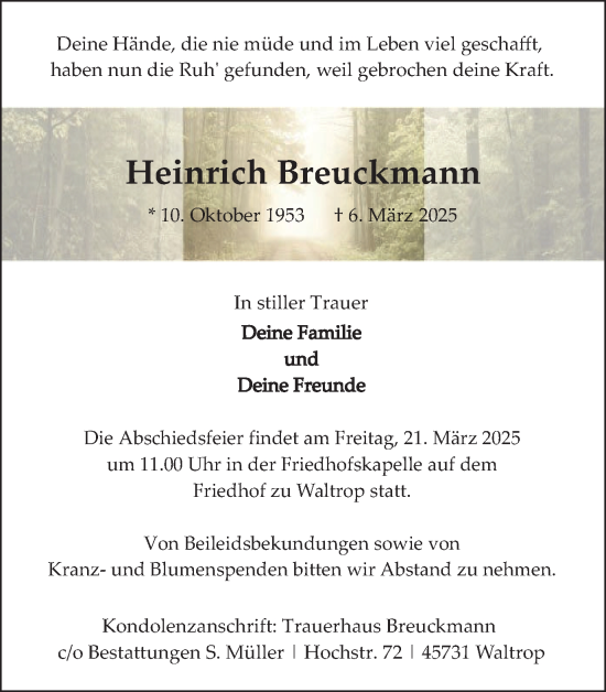 Traueranzeige von Heinrich Breuckmann von Trauer Vest