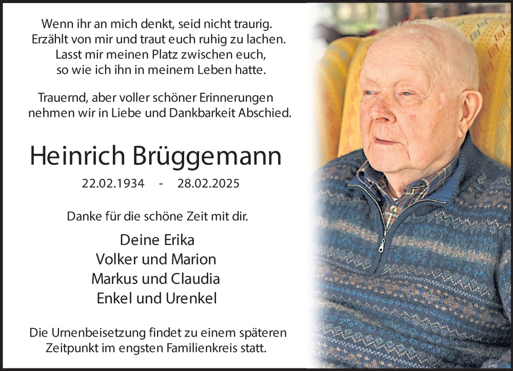  Traueranzeige für Heinrich Brüggemann vom 08.03.2025 aus 