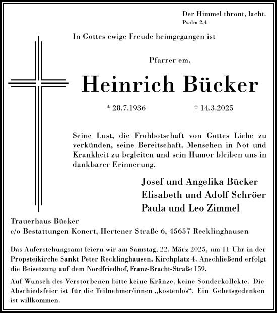 Traueranzeige von Heinrich Bücker von Trauer Vest