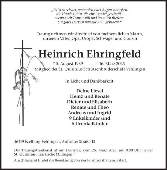 Traueranzeige von Heinrich Ehringfeld 