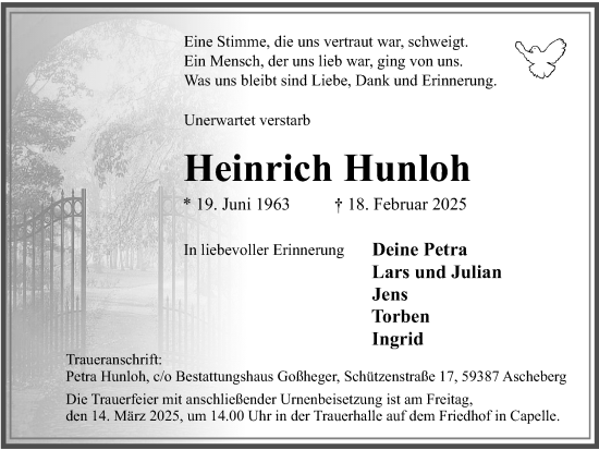 Traueranzeige von Heinrich Hunloh von Ruhr Nachrichten