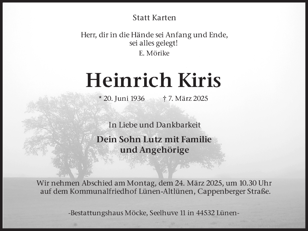  Traueranzeige für Heinrich Kiris vom 15.03.2025 aus Lüner Anzeiger