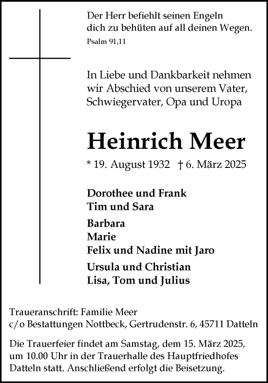 Traueranzeige von Heinrich Meer von Trauer Vest