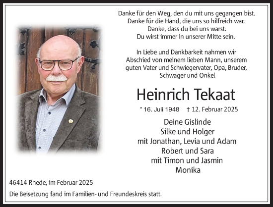 Traueranzeige von Heinrich Tekaat 