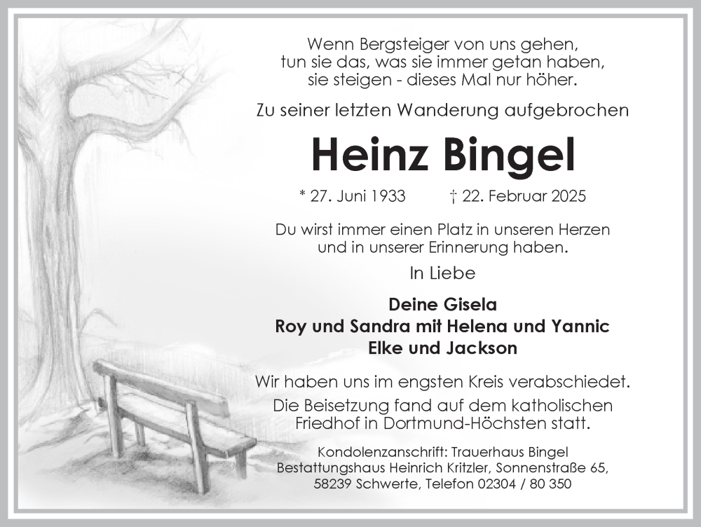  Traueranzeige für Heinz Bingel vom 01.03.2025 aus Ruhr Nachrichten
