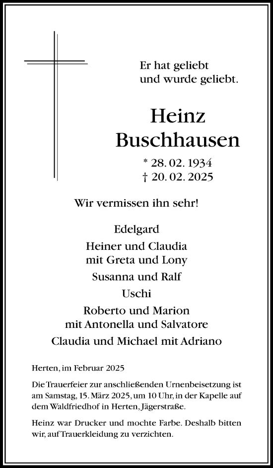 Traueranzeige von Heinz Buschhausen von Trauer Vest
