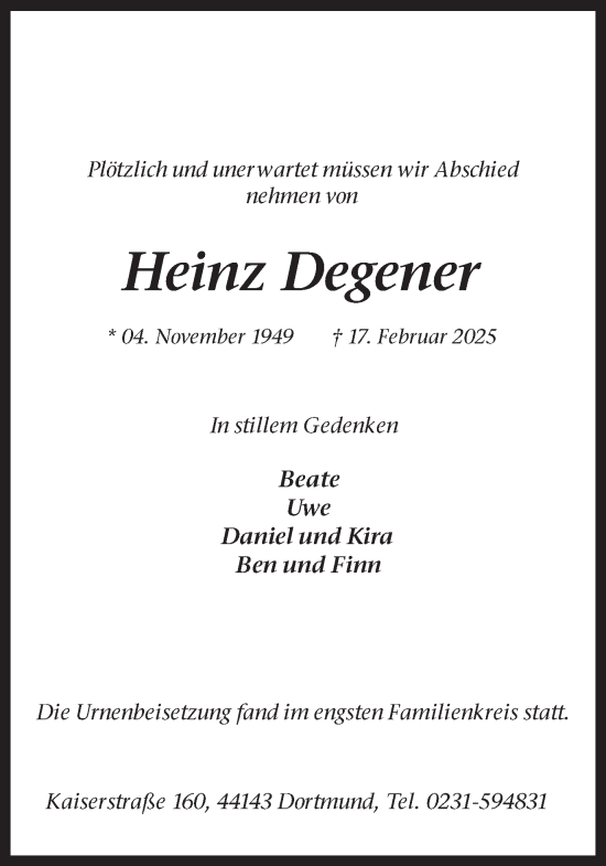 Traueranzeige von Heinz Degener von Ruhr Nachrichten
