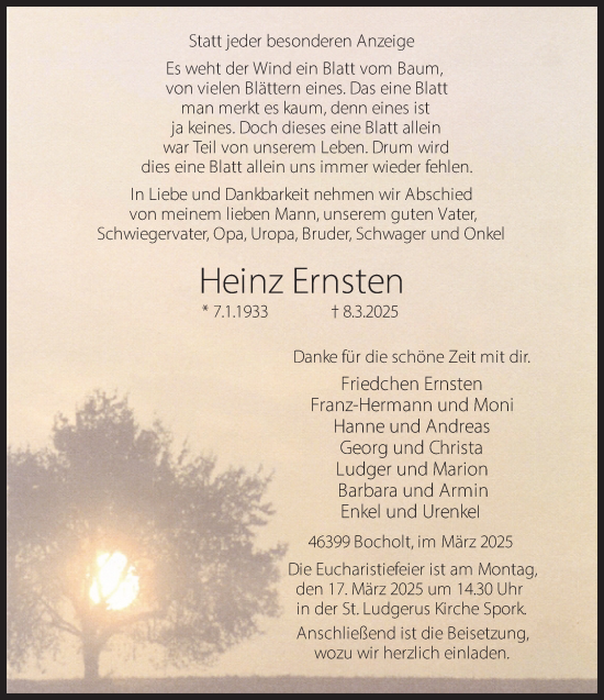 Traueranzeige von Heinz Ernsten 