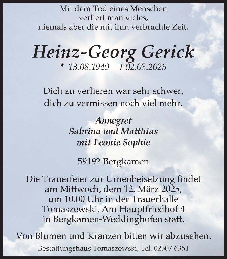  Traueranzeige für Heinz-Georg Gerick vom 08.03.2025 aus Hellweger Anzeiger
