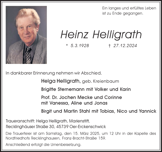 Traueranzeige von Heinz Helligrath von Trauer Vest