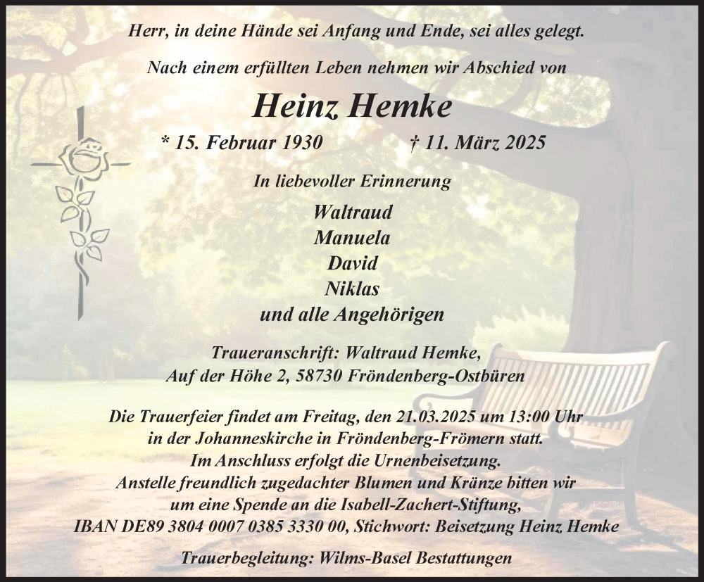  Traueranzeige für Heinz Hemke vom 15.03.2025 aus Hellweger Anzeiger