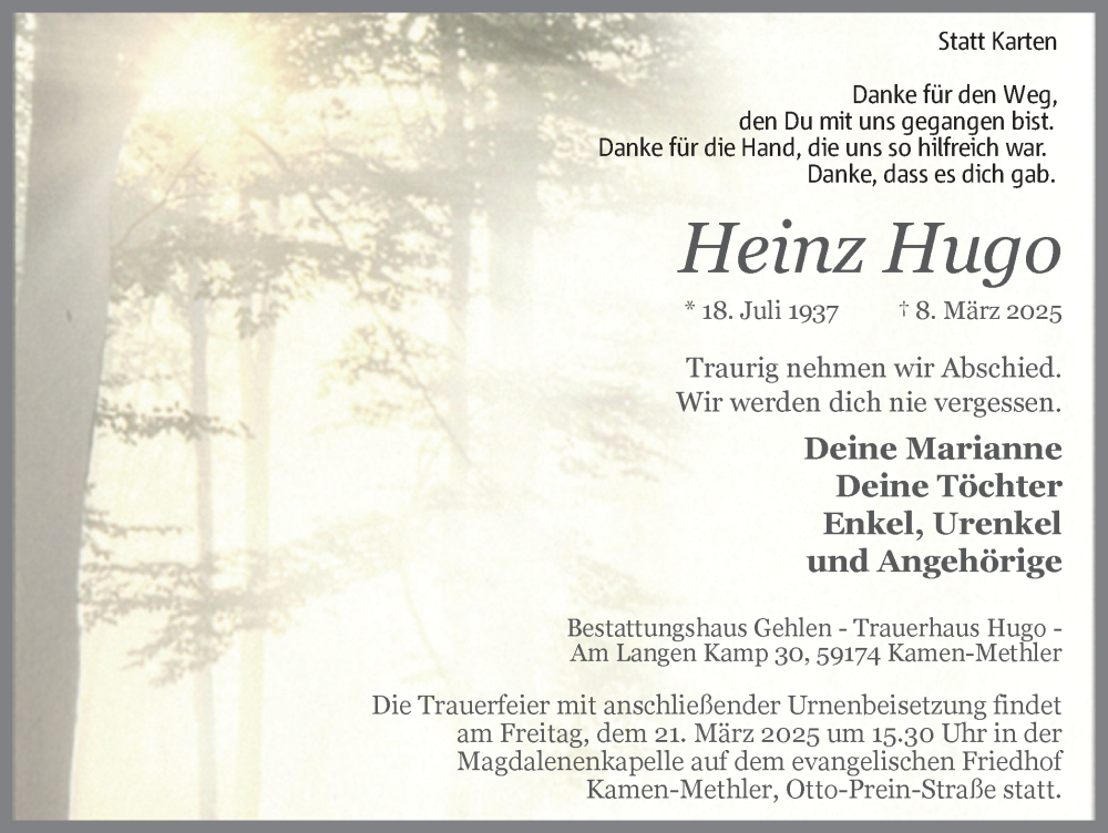  Traueranzeige für Heinz Hugo vom 15.03.2025 aus Hellweger Anzeiger