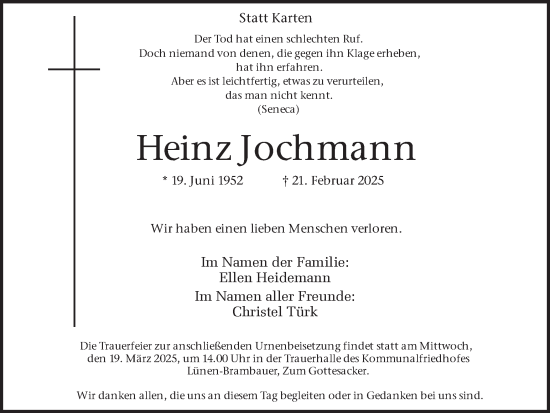Traueranzeige von Heinz Jochmann von Ruhr Nachrichten