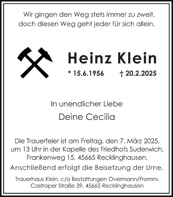 Traueranzeige von Heinz Klein von Trauer Vest