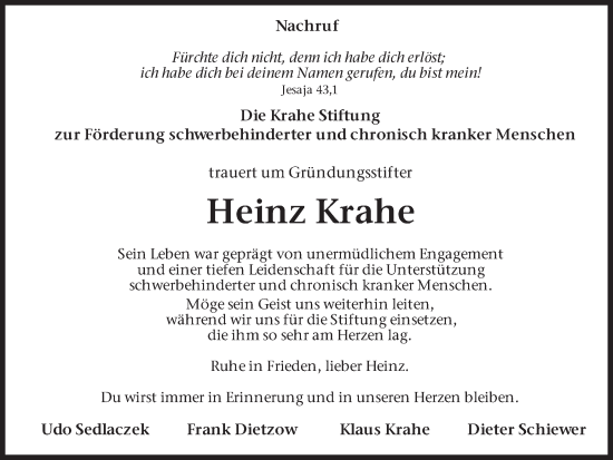 Traueranzeige von Heinz Krahe von Hellweger Anzeiger