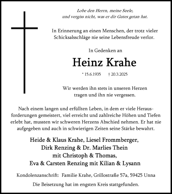 Traueranzeige von Heinz Krahe von Hellweger Anzeiger