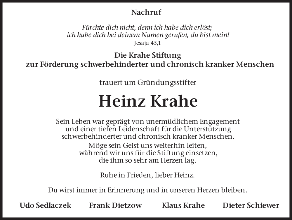  Traueranzeige für Heinz Krahe vom 29.03.2025 aus Hellweger Anzeiger