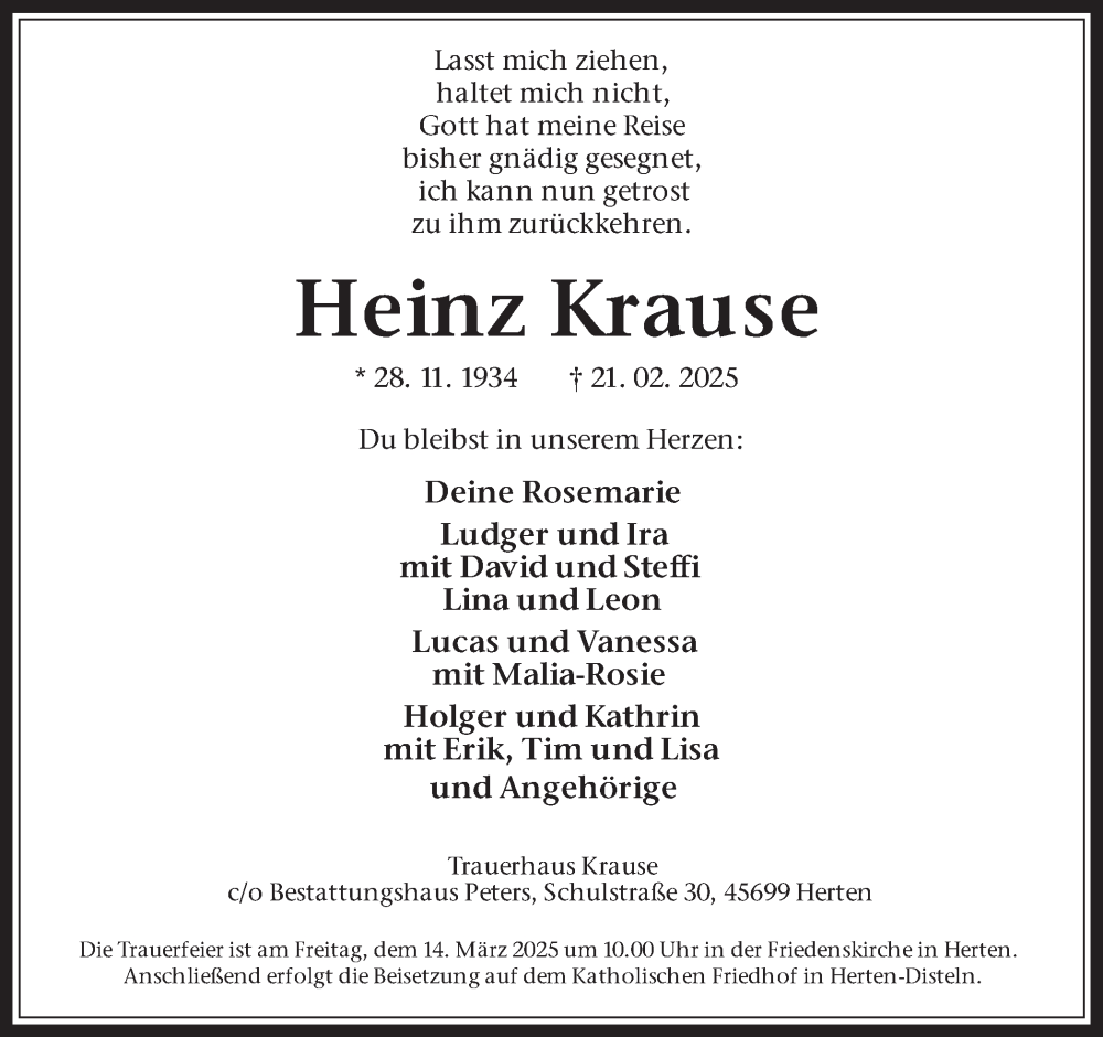  Traueranzeige für Heinz Krause vom 08.03.2025 aus Trauer Vest