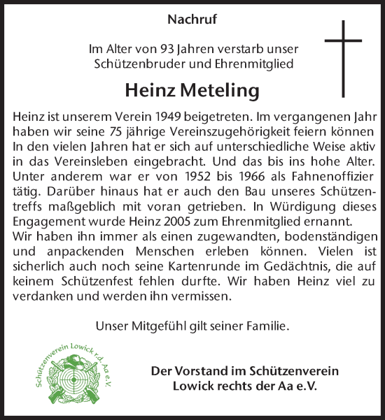 Traueranzeige von Heinz Meteling 
