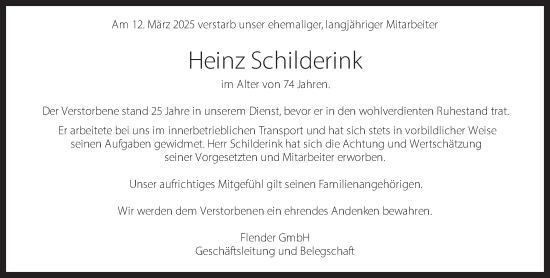 Traueranzeige von Heinz Schilderink 