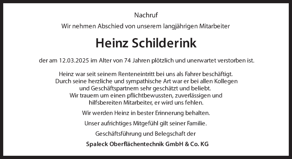  Traueranzeige für Heinz Schilderink vom 19.03.2025 aus 