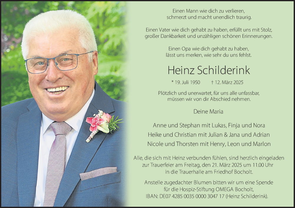  Traueranzeige für Heinz Schilderink vom 15.03.2025 aus 