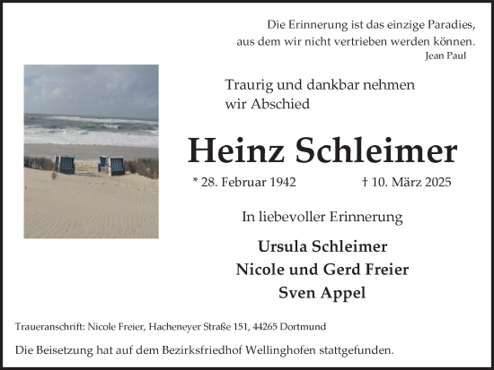 Traueranzeige von Heinz Schleimer von Ruhr Nachrichten