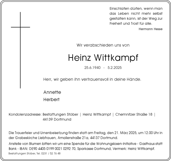 Traueranzeige von Heinz Wittkampf von Ruhr Nachrichten