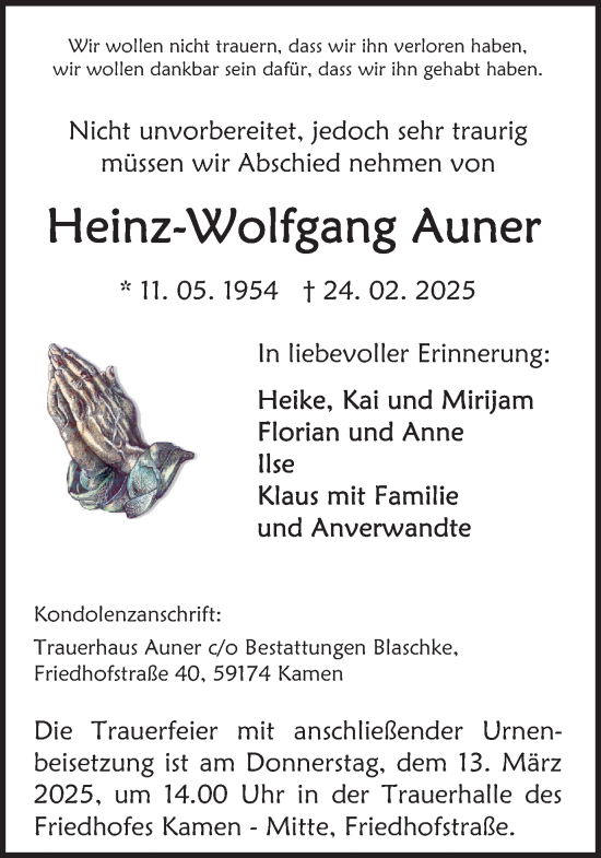 Traueranzeige von Heinz-Wolfgang Auner von Hellweger Anzeiger