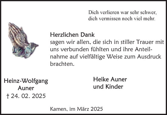 Traueranzeige von Heinz-Wolfgang Auner von Hellweger Anzeiger