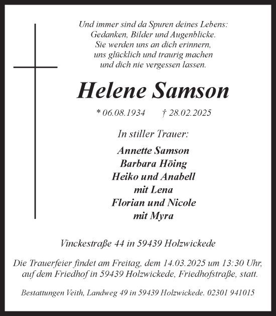 Traueranzeige von Helene Samson von Hellweger Anzeiger