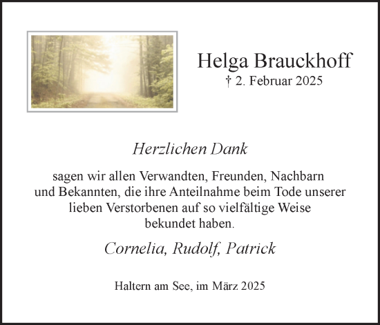 Traueranzeige von Helga Brauckhoff von Ruhr Nachrichten und Halterner Zeitung