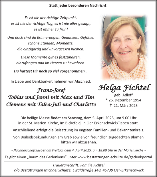 Traueranzeige von Helga Fichtel von Trauer Vest
