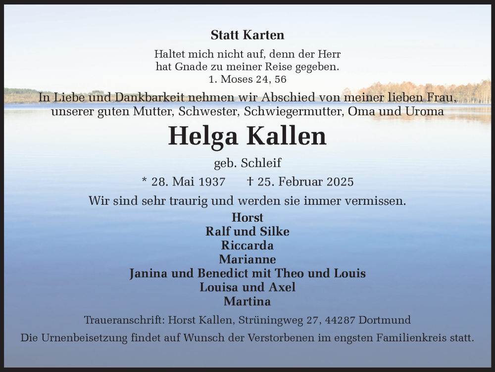  Traueranzeige für Helga Kallen vom 08.03.2025 aus Ruhr Nachrichten