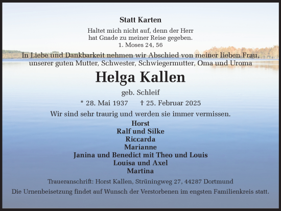Traueranzeige von Helga Kallen von Ruhr Nachrichten