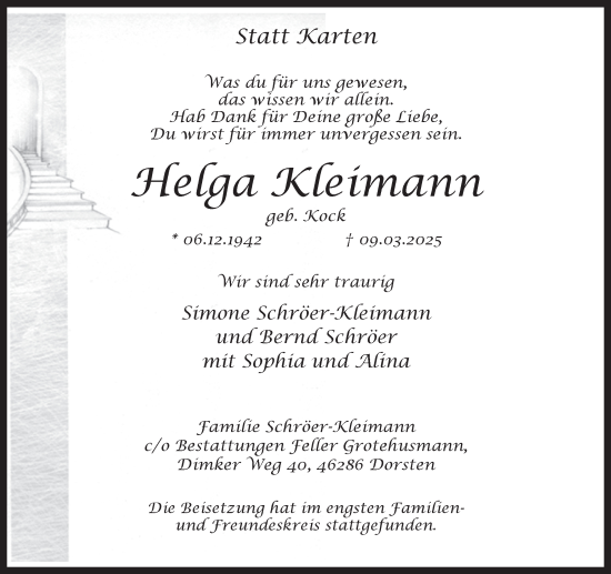 Traueranzeige von Helga Kleimann von Ruhr Nachrichten und Dorstener Zeitung