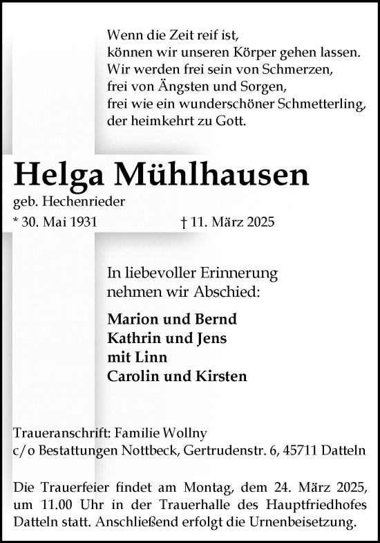 Traueranzeige von Helga Mühlhausen von Trauer Vest