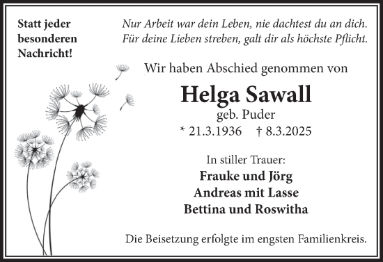 Traueranzeige von Helga Sawall von Trauer Vest